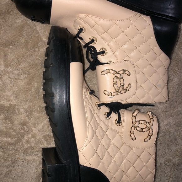 CHANEL Shoes - Chanel Beige and Black Lace-Up Moto Boots size 40 euro size approx size 10 Rare